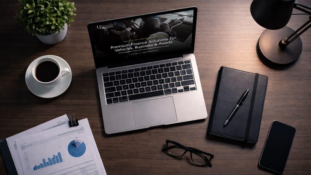 Business laptop workspace UK – commercial finance planning